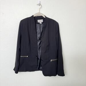 [H&M] Black Gold Hardware Zip Pockets Open Front Blazer Jacket Work Career Sz 10